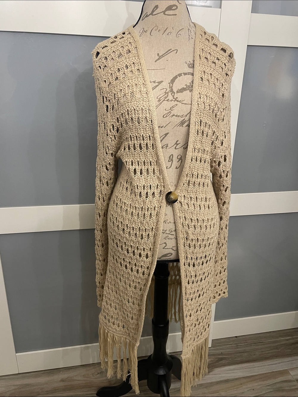 Beige Crochet Open-Weave Fringe Cardigan Sweater- Women